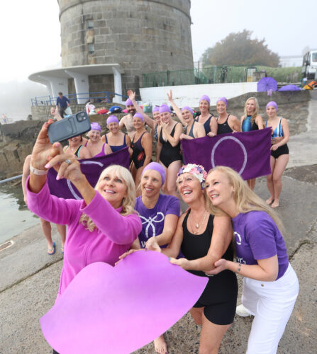 NO REPRO FEE 19/09/2024 Dublin, Ireland. Broadcaster Miriam O’Callaghan joins a band of sea swimmers at Seapoint, South Dublin to mark World GO (Gynaecological Oncology) Day,  Friday, 20th September at Seapoint.  The Irish Network of Gynaecological Oncologists (INGO) is encouraging women to ‘Dip or Dance’  this September by either taking the plunge or having a bop as they join patients and advocates around the globe to raise awareness about all five gynaecological cancers (vulval, vaginal, cervical, uterine and ovarian) and their risk factors, and to combat the stigma associated with gynaecological cancer. Photograph: Leon Farrell / Photocall Ireland